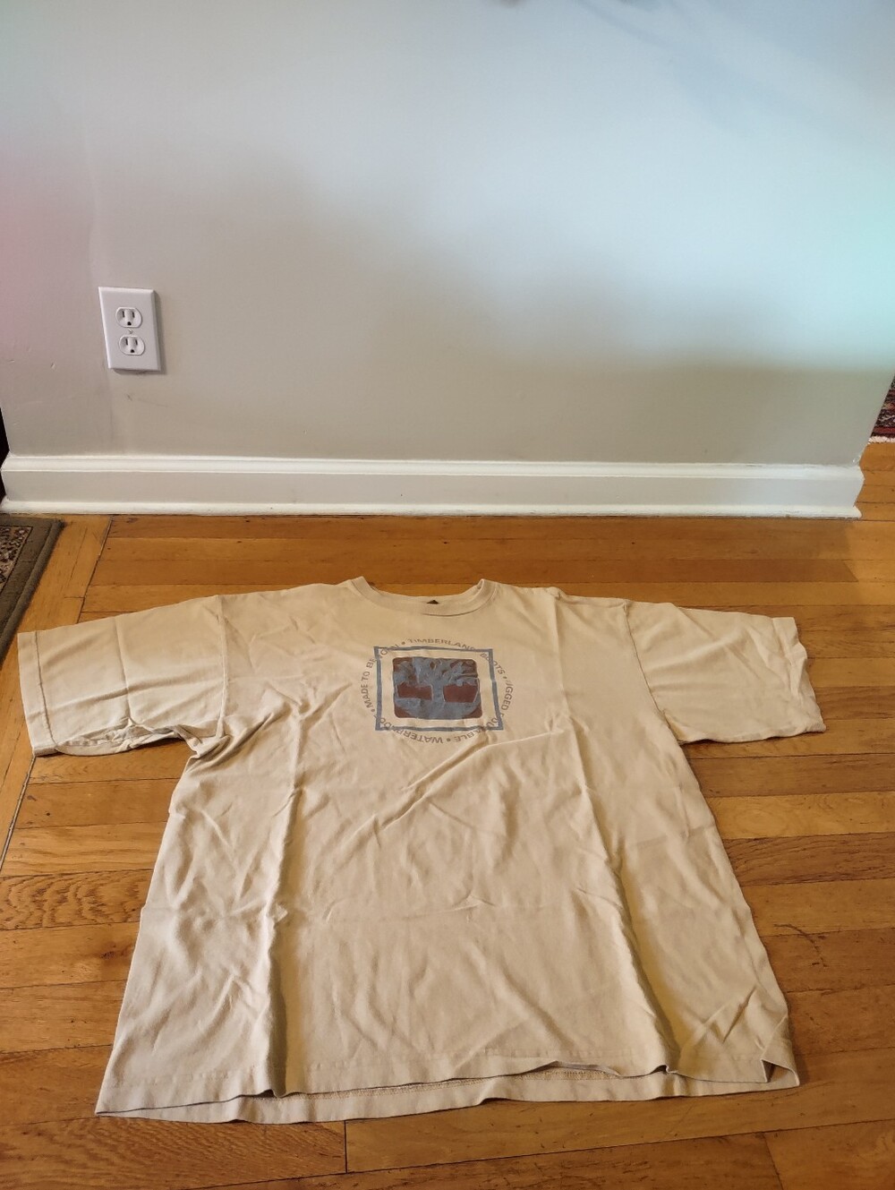 Timberland tan vintage heavyweight logo tee with circular text size large